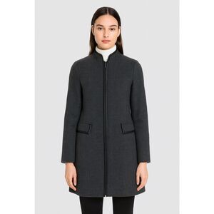 EILEEN FISHER Wool Zip-Front Coat Jacket – Gray, Leather Trim – Size M